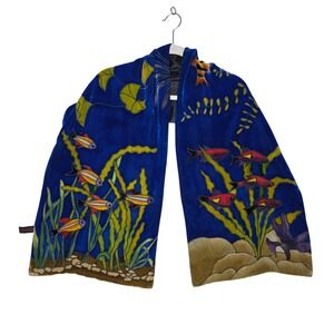 RedFish Designs ‎ Silk n Velvet Scarf/Shawl Fish Ocean Aquatic Scene Blue Artzy